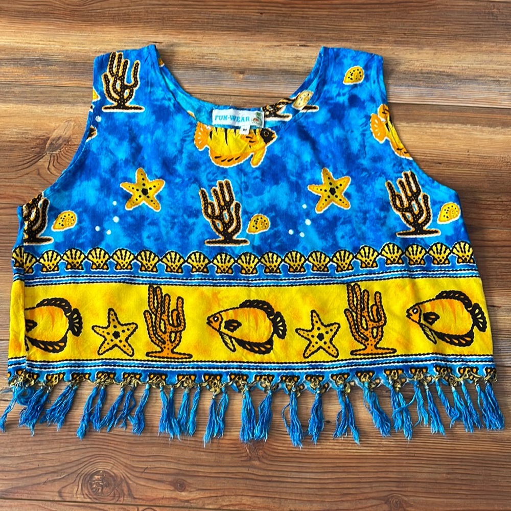Fish Cropped Tank Top M Blue Yellow Sea Shell Coral Fringe Tropical Coverup Crop